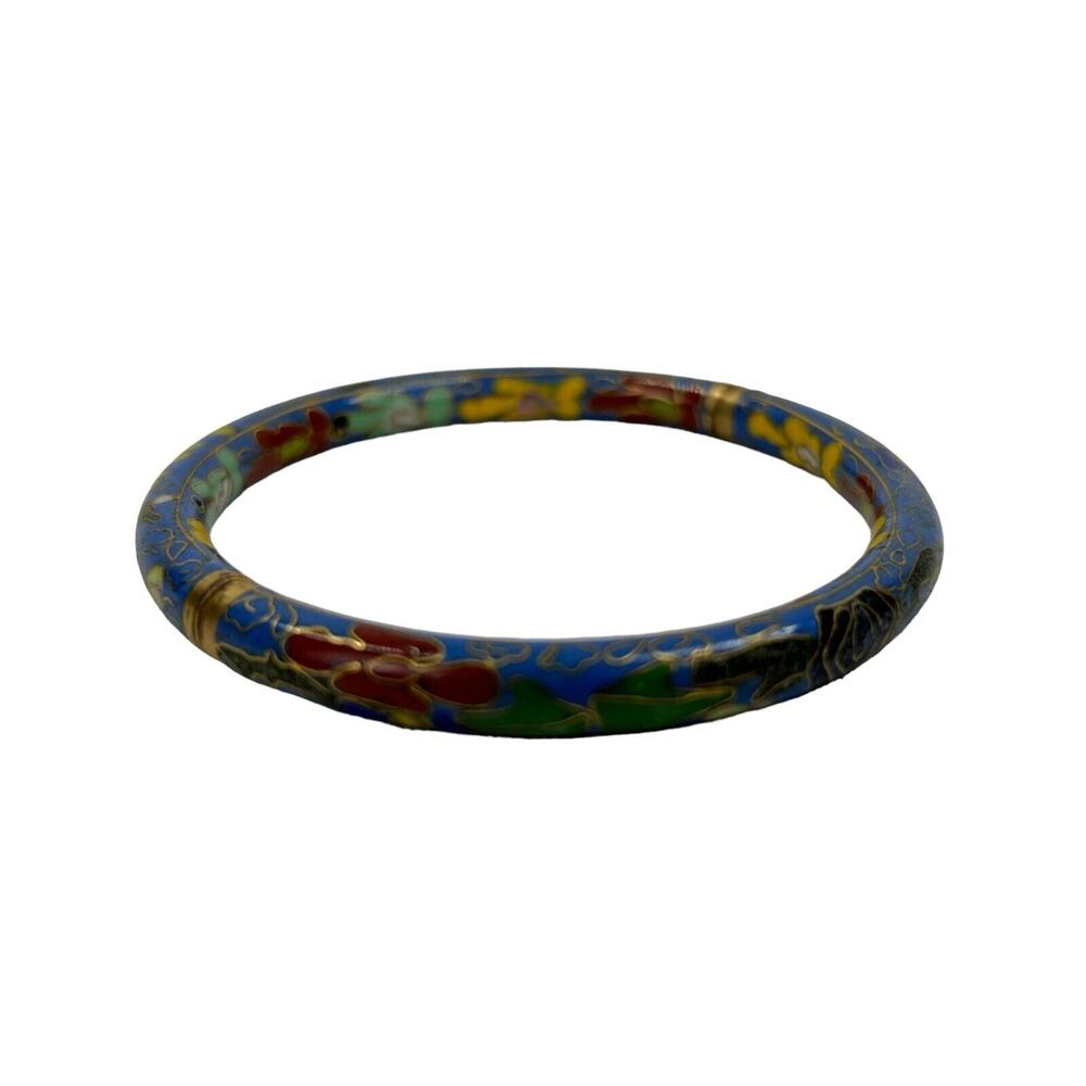 Hinged Bangle Bracelet Cloisonne Multicolor Flowers Blue Enamel Chinese Export